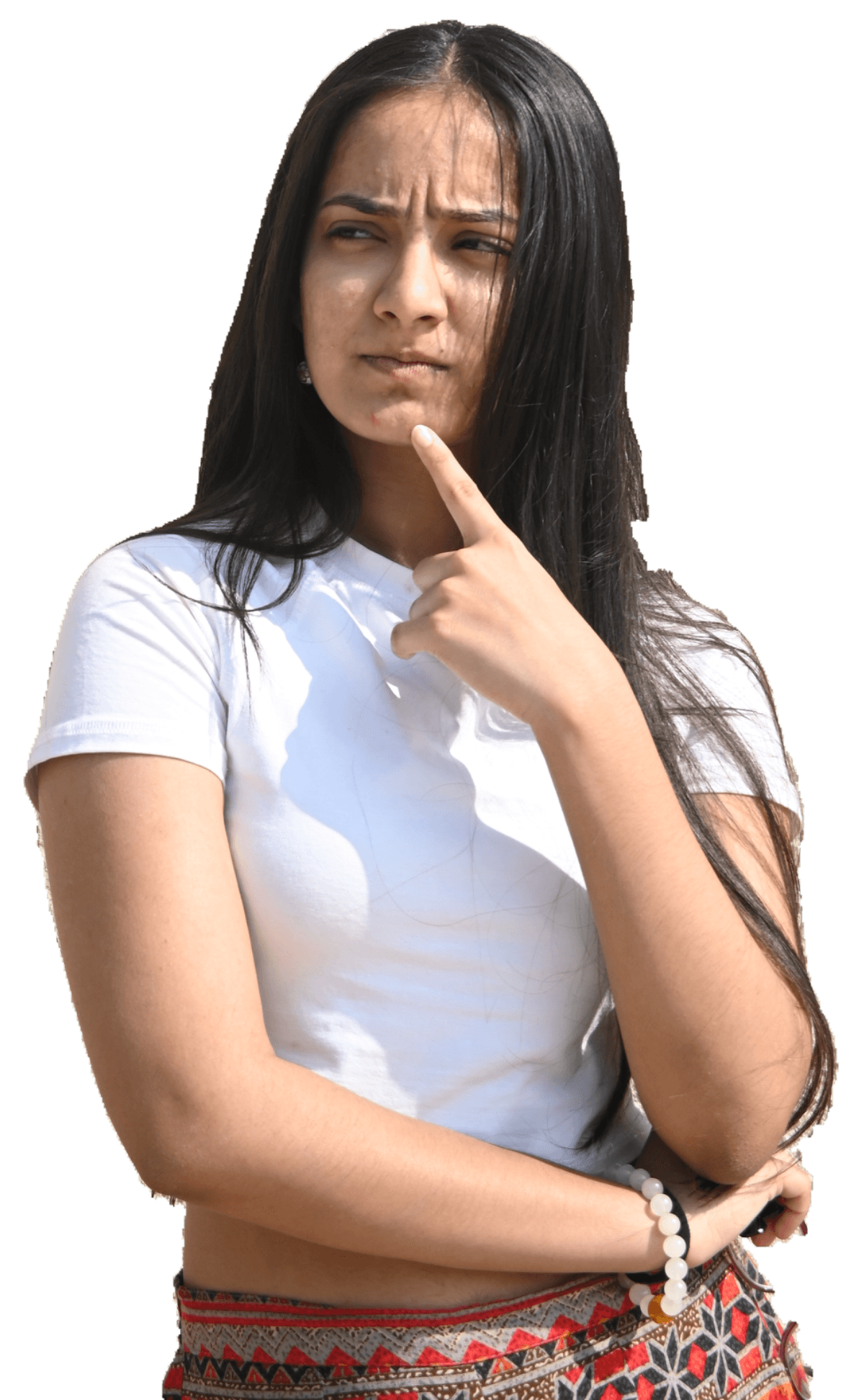 Sakshi looking puzzled, finger on chin