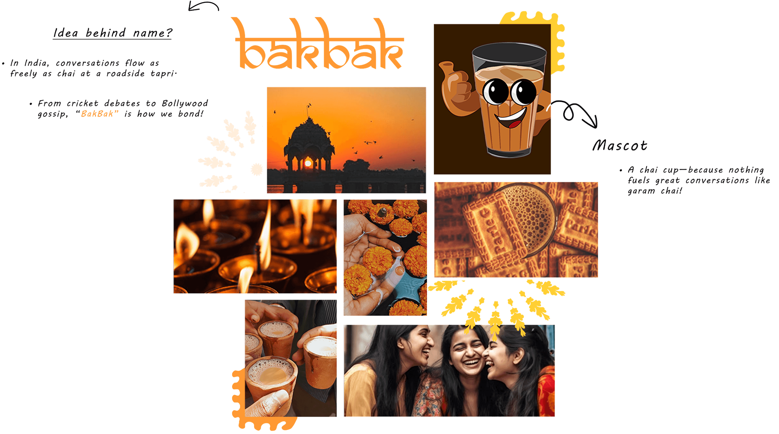 BakBak moodboard: idea behind the name, chai-cup mascot, and Indian culture imagery