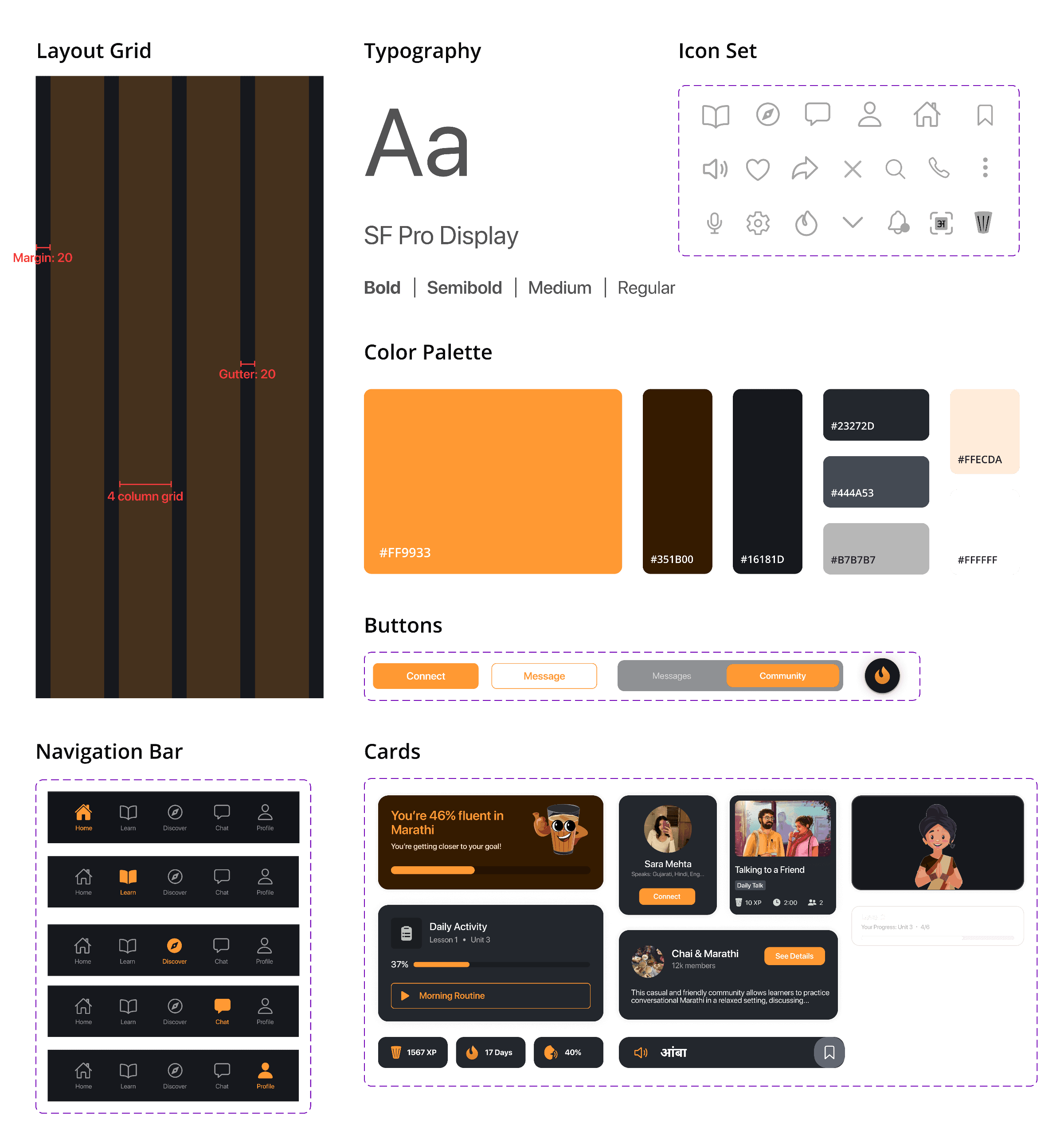 BakBak style guide: layout grid, typography, icon set, colour palette, buttons, navigation bar and cards