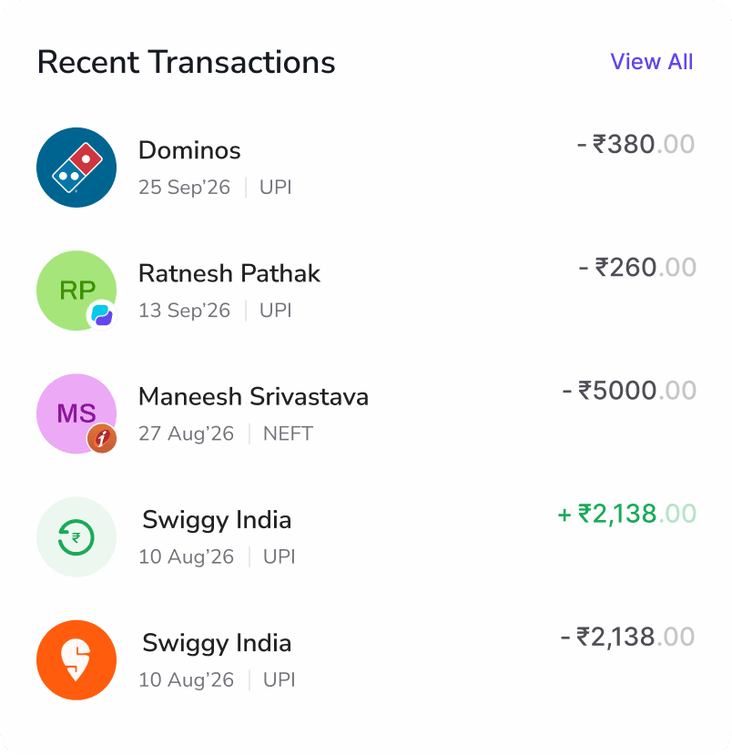 Recent transactions card